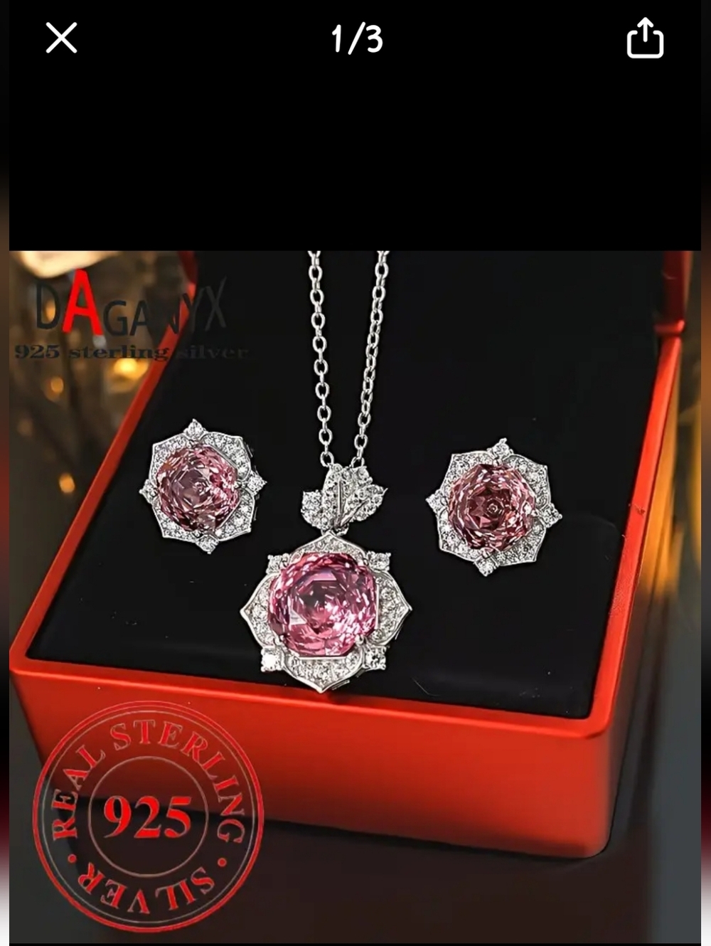 Stuffed Travel Jewelry Set w/ S925 Silver Pink Moissannite Necklace & Earrings - Picture 6 of 10
